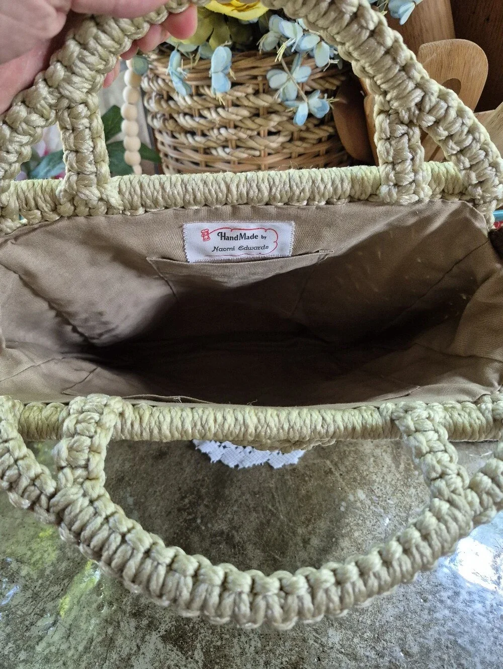 Vintage New Handmade Macramé Tan & Brown Large Tote Bag Wood Side Bead Handles